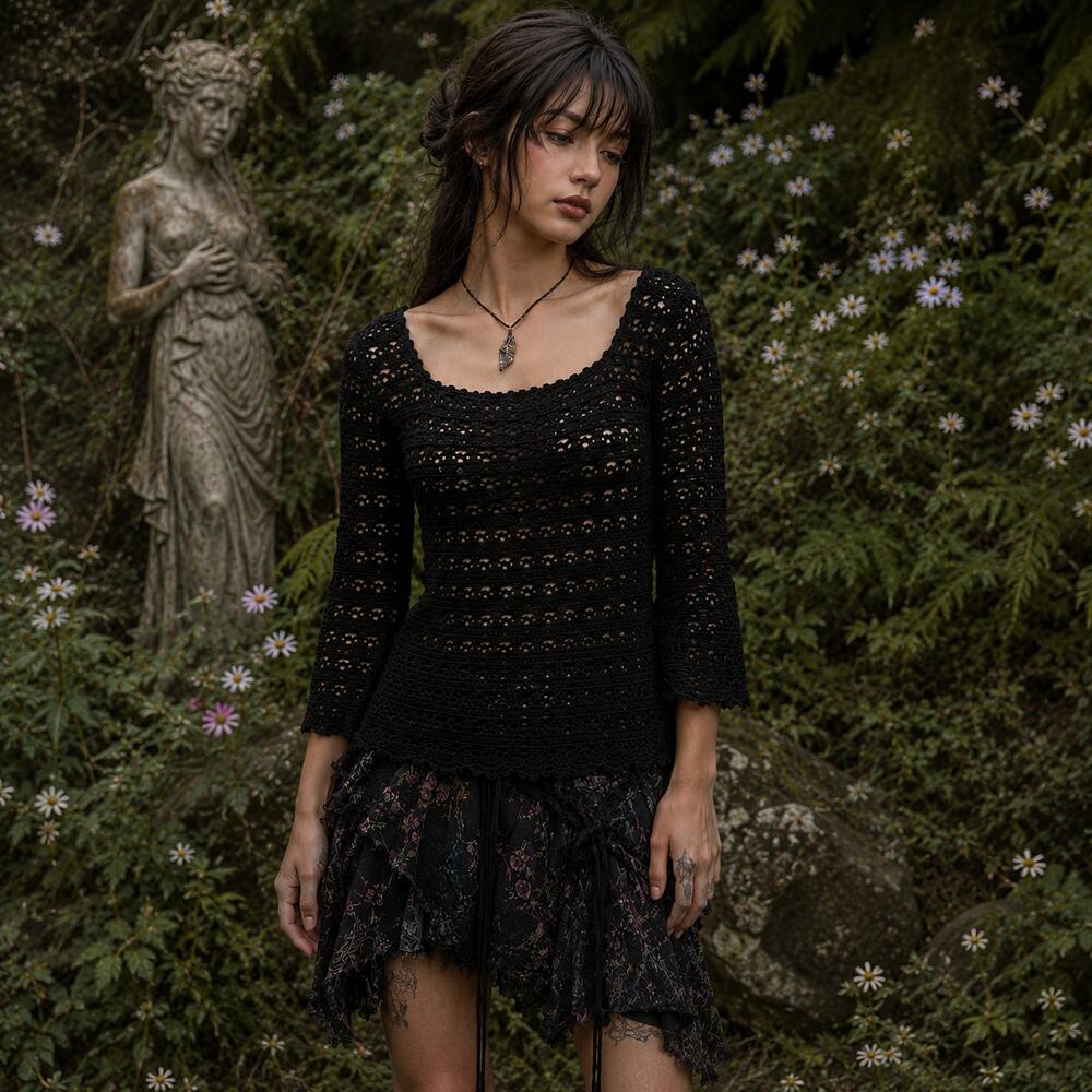 Y2K Handmade Open Crochet Womens Sweater Sz S Fairy Grunge WHhimsigoth Festival